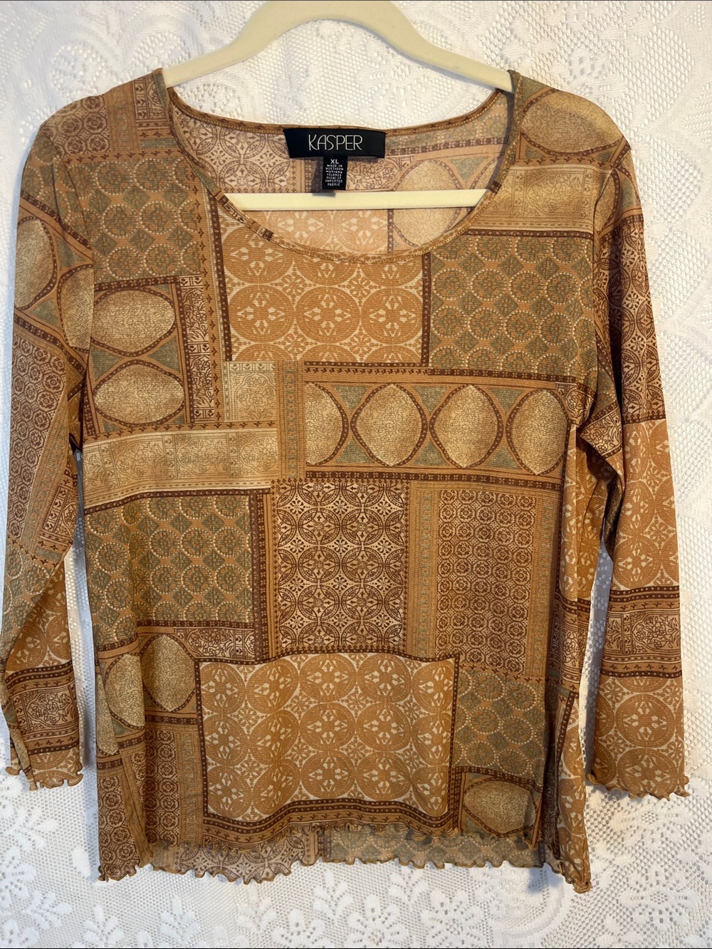 😻5for$15😻 Kasper Patchwork-Print Long Sleeve Top in Tan and Brown XL